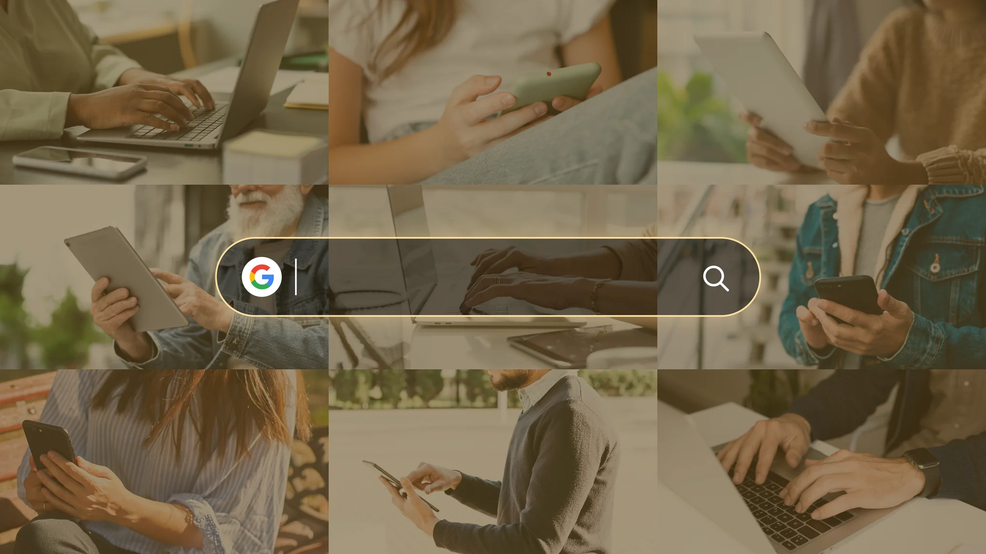 Imagens de diversas pessoas fazendo buscas no google através de diversos dispositivos